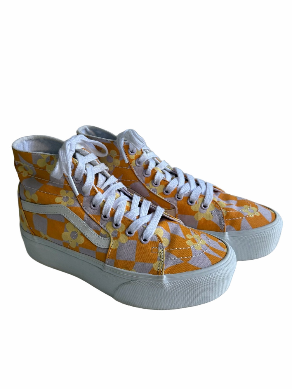 Vans Sk8-Hi Platform Floral Checkerboard Orange Purple Tapered Stackform Size